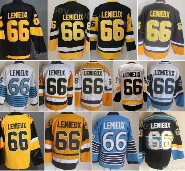 

men ccm hockey 66 lemieux retro jersey vintage classic all stitched team black white blue yellow color for sport fans breathable pure cotton, Black;red
