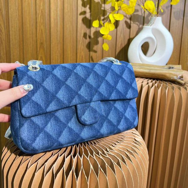 

26cm/13cm womens denim rhomboid bag classic flap square multi pocket gold metal hardware quilted chain luxury designer handbag