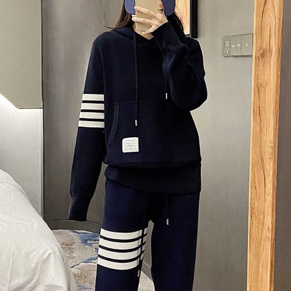 

men's hoody tomh brown hoodie designer four bar waffle hooded sweater knitted casual suit women's loose two-piece set college swea, Black