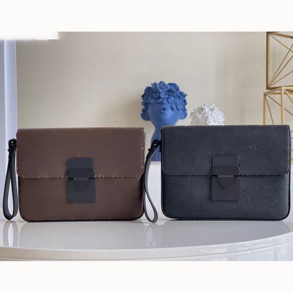 

pouch men clutch bags trunk clasp luxurys designers monograms embossed canvas leather lock magnetic closure handle bag black clutch bag enve