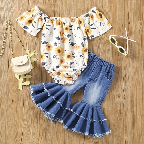 

clothing sets citgeett summer infant baby girls outfits floral print off shoulder short sleeve rompers flare pants clothes set 230213, White