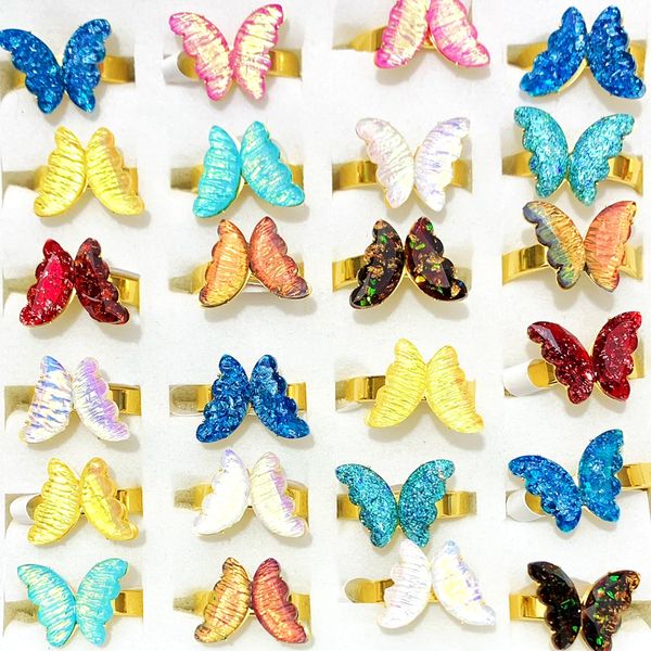 

bulk 30pcs colorful sweet butterfly rings for women charms fashion stainless steel party gift summer finger jewelry wholesale, Slivery;golden