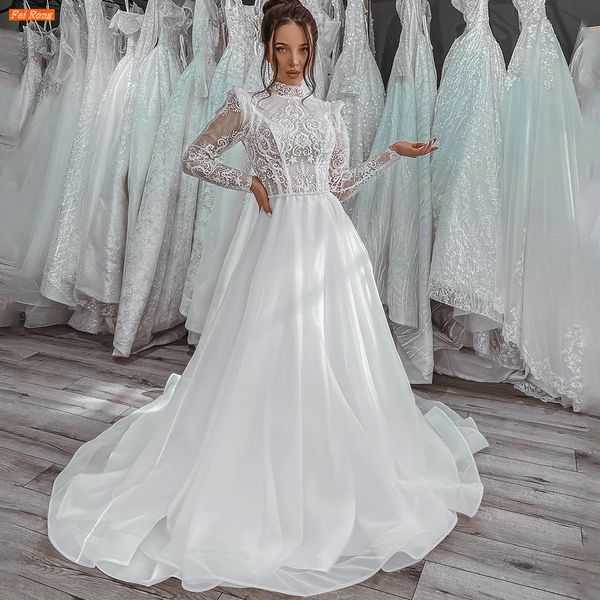 

party dresses graceful high neck long sleeves lace appliques wedding dress vestidos de novia boho bridal gown sweep train 230213, White;black