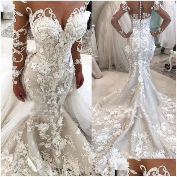 

2023 mermaid wedding dresses bridal gown 3d floral lace applique beading long sleeves custom made beach sweep train country plus size vestid, White