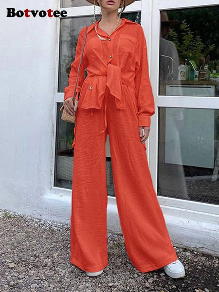 

women's two piece pants botvotee pant set drawstring full length wide leg 2 long sleeve pockets single breasted female clothe 2023 2302, White