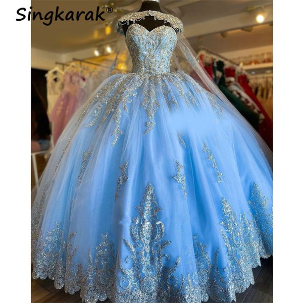 

party dresses sky blue luxury ball gown quinceanera detachable cape beading s appliques vestidos de 15 aos birthday 230213, White;black