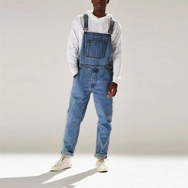 

men's jeans fashion street highwaisted strap pants 2023 summer casual male denim jumpsuit button splicing straight trousers 230213, Blue