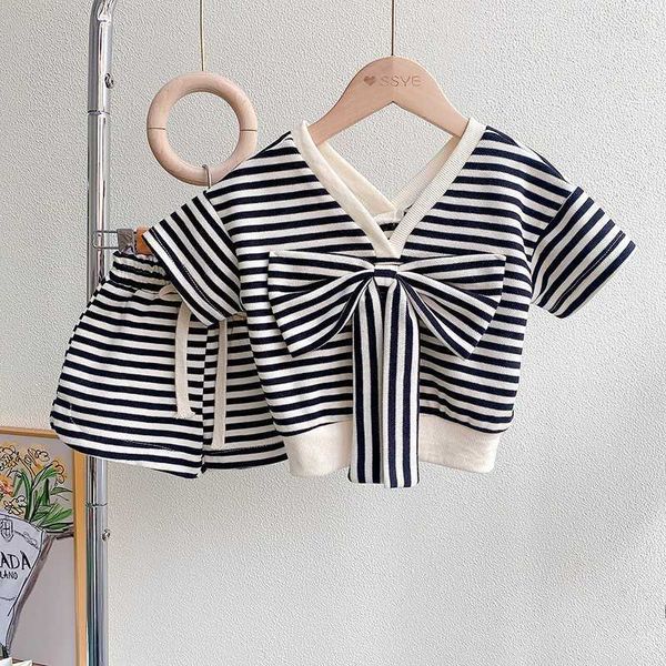 

clothing sets baby girls set children summer vneck short sleeve tshirtstriped drawstring shorts pcs kids tracksuit, White