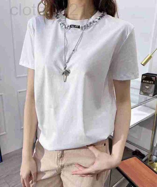 

women's t-shirt designer 2023 spring wear new style inlaid with diamonds versatile loose round neck white short-sleeved t-shirt women&#