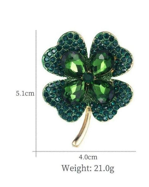 

leaf clover vintage gold pin brooch 4 shamrock green crystal, Gray