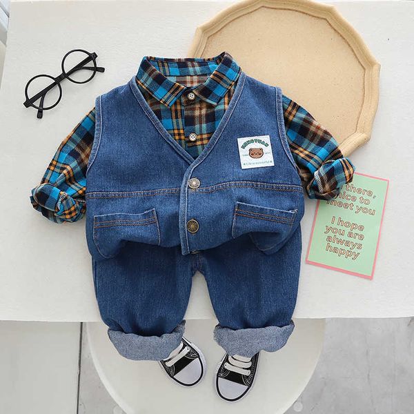 

clothing sets spring and autumn baby long sleeve denim set year old boys' vest plaid shirt three piece simple casual sportswear, White