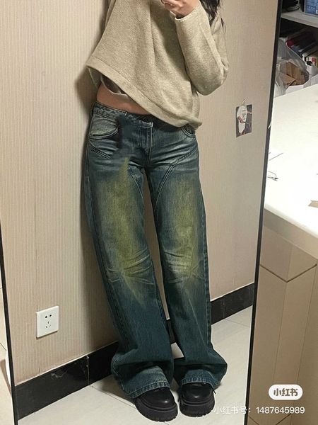

2023 new spring design style neutral lazy thin dirty dyed washed old wide leg jeans female 2038, Blue
