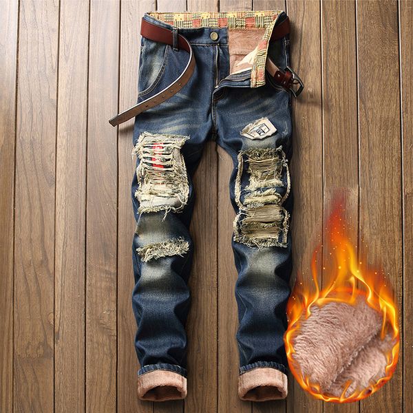 

men's jeans winter straight men pants casual hip hop fleece warm thicken flocking mens ripped denim 230213, Blue
