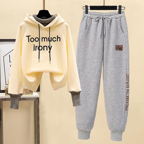 

women's two piece pants siketu sweater and winter casual tracksuit suit pullover plush sportwear set 230213, White