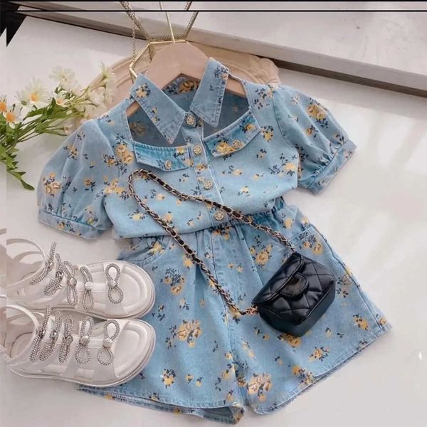 

sweet summer girls clothing sets new korean style girl flower shortsleeved printed denim jacketdenim shorts baby kids suits, White