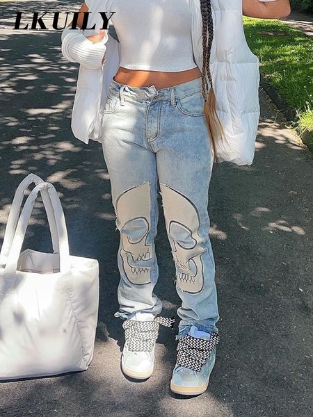 

women s jeans skull vintage printed women high waist y2k streetwear 90s baggy pants denim trousers harajuku cargo straight jean 230213, Blue