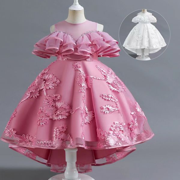 

pink lace flower girl dress bows children' first communion dress princess formal tulle ball gown wedding party dress beaded birthday g, White;blue
