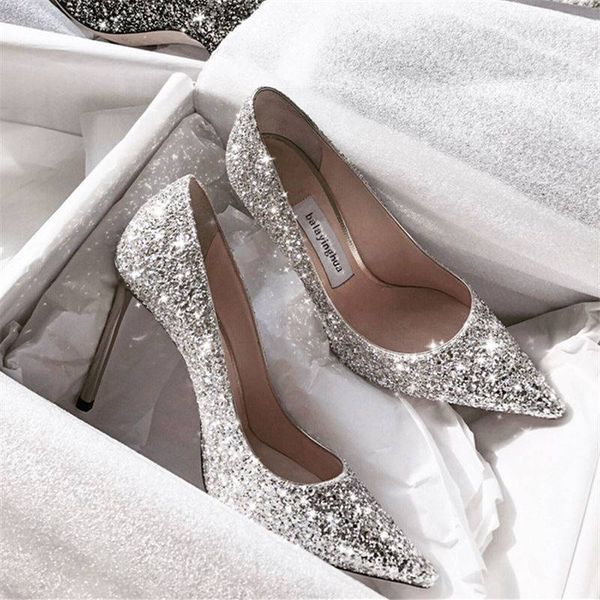 

dress shoes fashion spring autumn woman 9cm7cm high heels silver wedding shoes stiletto pointed toe slip-on pu bling luxury ladies 230211, Black