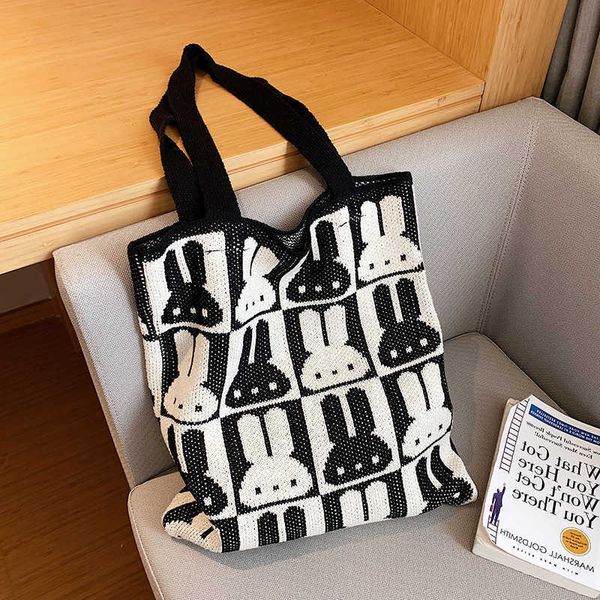 

cute rabbit printing cotton thread tote bag 2022 women shoulder girl shopper fashion large capacity knitting lattice handbag