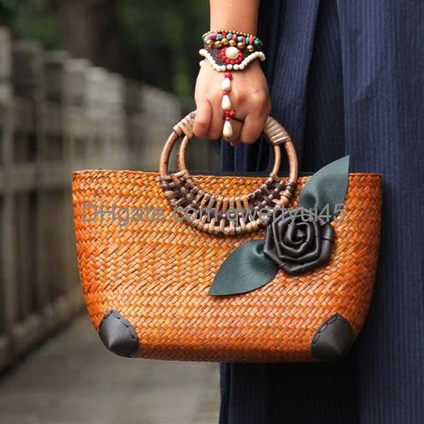 

totes woman retro woven bags lady vintage rose decoration rattan straw bags leisure vacation beach handbags 021323h
