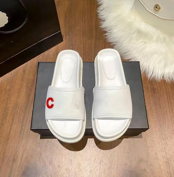 

with box summer thick-soled slipper luxury leather scuffs sandal fashion color letter women leisure slippers outdoor beach shoes wearproo zc, Black