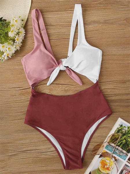 

women's swimwear one piece swimsuit 2022 new solid patchwork hollow out bow swimwear bodysuit monokini summer beachwear bathing suit fe, White;black