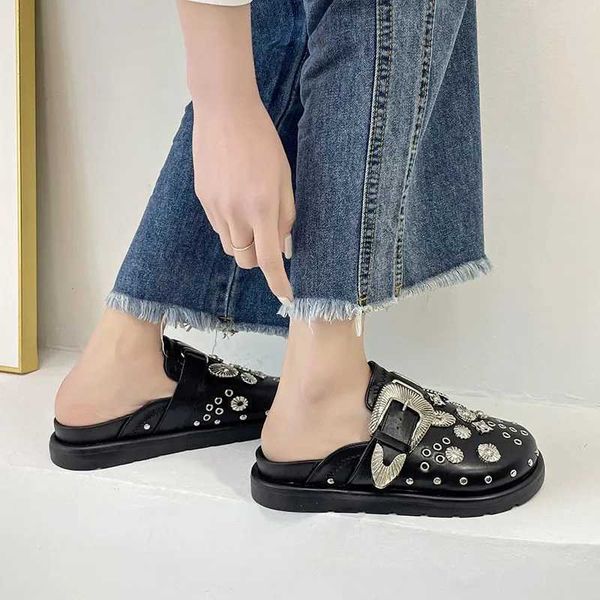 

summer women slippers platform s punk rock leather mules creative metal fittings casual party shoes female outdoor slides j230213, Black