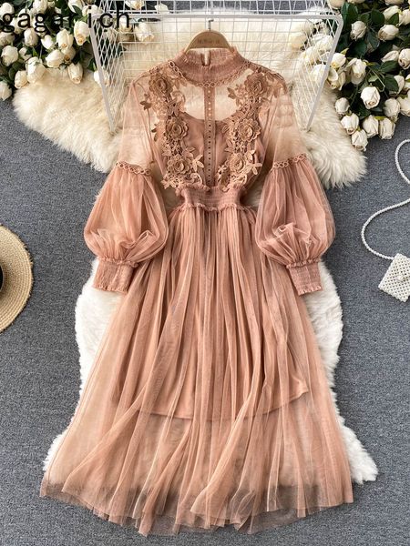 

casual dresses gagarich ladies dress three-dimensional flower hook mesh temperament stand collar lantern sleeve high waist slim female dress, Black;gray