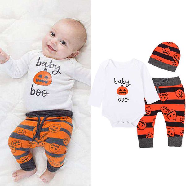 

clothing sets fashion halloween pumpkin toddler baby clothes pieces set long sleeve cotton romperhatpants for bodysuit outfits infant suit, White