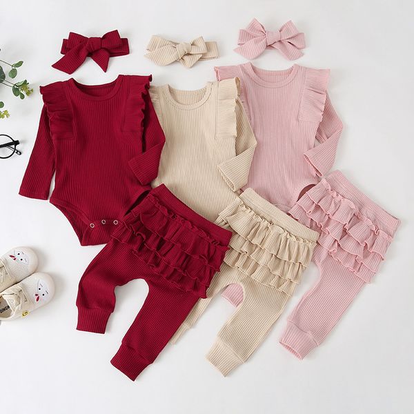 

clothing sets 024m born infant baby girls ruffle tshirt romper leggings pant outfits clothes set long sleeve fall winter 230213, White