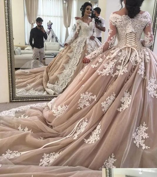 

2022 champagne wedding dresses bridal ball gown long sleeves off the shoulder neckline lace applique corset back sweep train tulle custom pl, White
