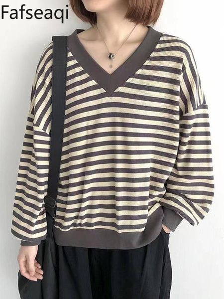 

women s t shirt retro striped oversize t shirt with long sleeve 2023 spring casual v neck stripes slim baggy t shirts for women 230213, White