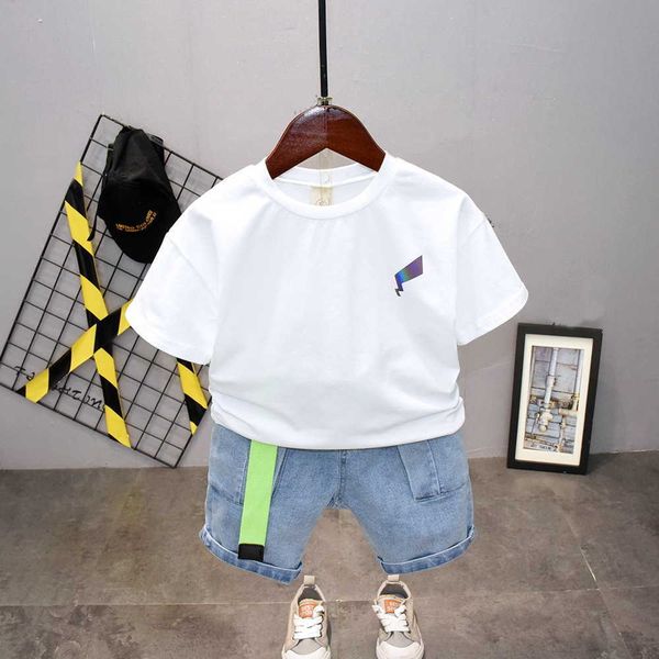 

sets children's clothing set summer new colorful reflective round neck letter tshirtthreedimensional pocket denim shorts sets, White