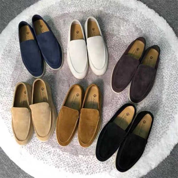 

italy designer loropiana shoes lorop men's suede handmade lucky shoes with leather flat bottom casual reversed pea shoes, Black;white