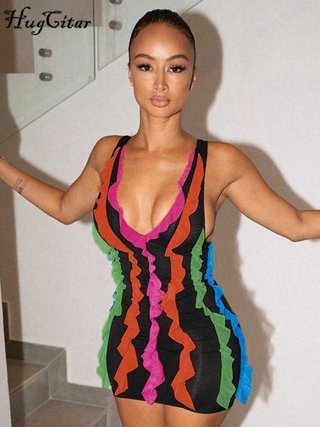 

party dresses hugcitar straps sleeveless backless color block ruffles patchwork bodycon mini dress 2022 fall evening party club y2k t230210, White;black