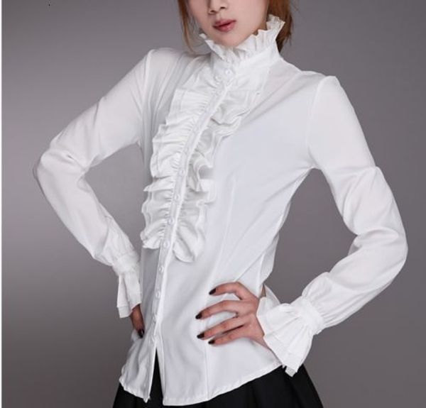 

women's blouses shirts victorian flounce blouse women ol office ladies business white shirt high neck frilly ruffle cuffs female 230213