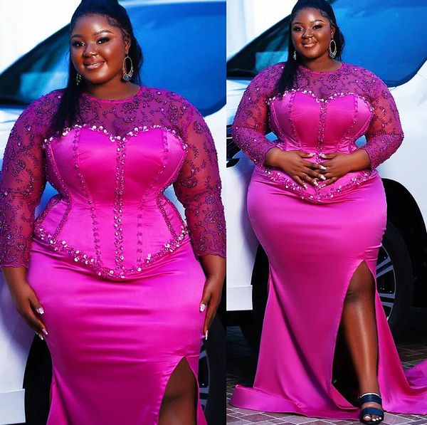 

arabic aso ebi fuchsia mermaid evening dresses lace beaded high slit black girls prom occasion gown with long sleeve, Black;red