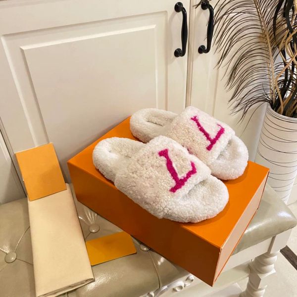

with box womens slippers ladies wool slides winter fur fluffy furry warm letters sandals comfortable fuzzy sheet girl flip flop slipper t kx, Black
