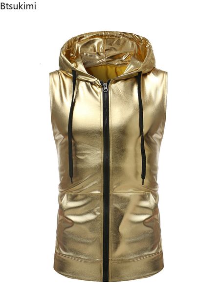

men's vests shiny gold coated metallic tank fashion hip hop sleeveless hoodie nightclub party dance zipper tee 230213, Black;white