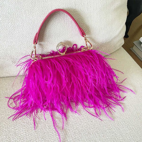 

luxury ostrich feather diamond knuckle rings evening bags for women 2022 chain wallet party clutch purse wedding handbags