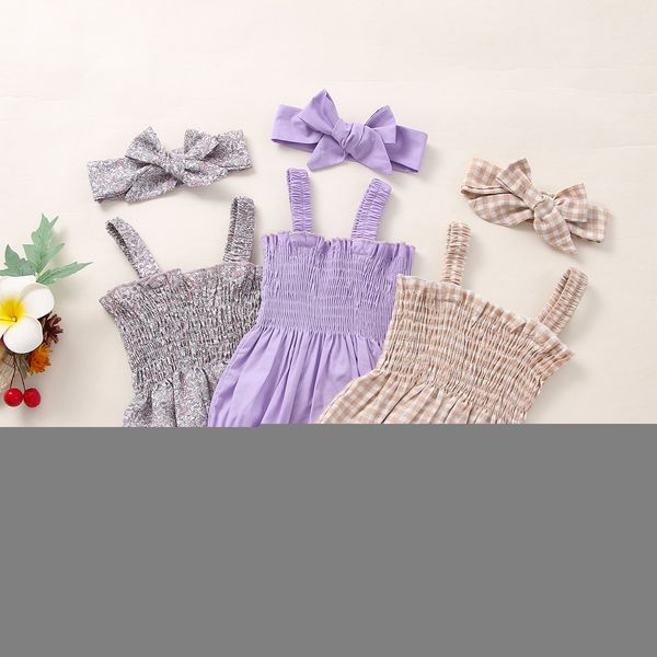 

jumpsuits baby girls 2pcs summer outfits sleeveless frill smocked strap romper with headband set 230213, Blue