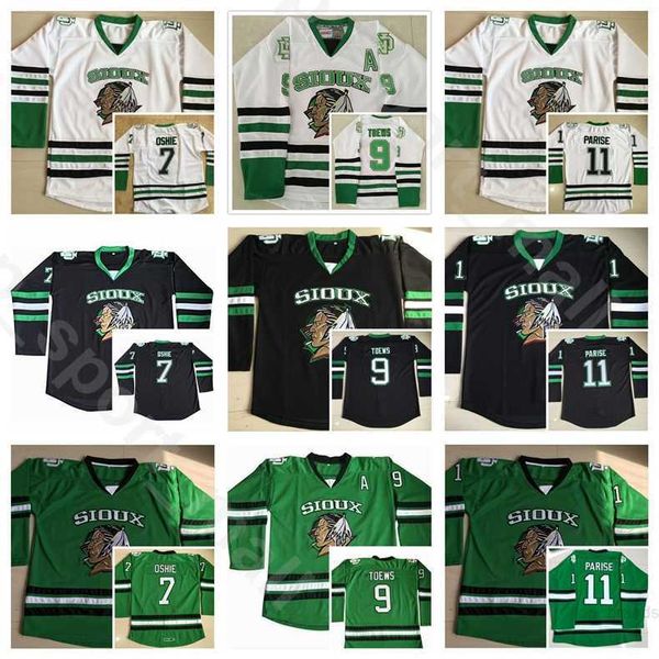 

men vintage college 11 zach parise jersey north dakota fighting sioux ice hockey 7 tj oshie 9 jonathan toews black green white home