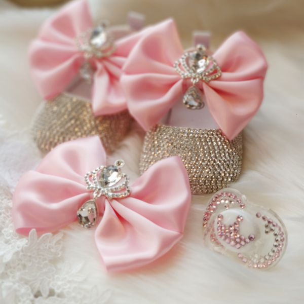 

first walkers dollbling born 3 piece gift set luxury baby shoes headband pacifier pink lolita crown diamond jewels layette sparkly ballet 23