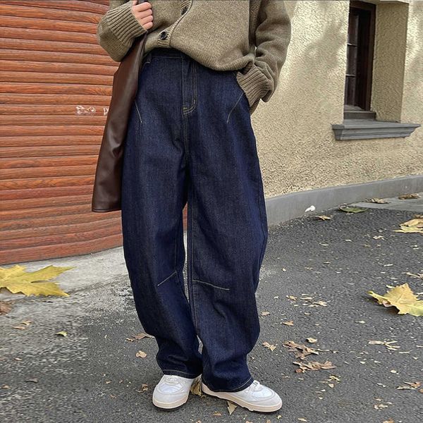 

japanese winter new and korean casual curved high waist wide leg jeans thickened fleece warm loose pants women, Blue