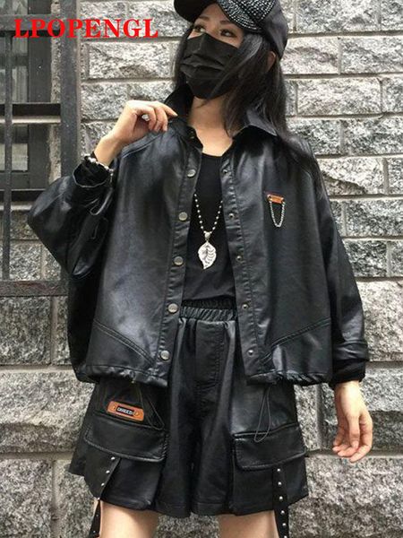 

womens jackets spring autumn streetwear personality leather jacket women loose oversize jacket pu leather temperament motorcycle clothing 23, Black;brown