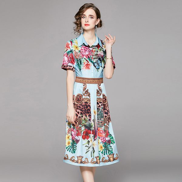 

2023 retro floral summer midi dress women designer casual vacation cafe slim a-line party frocks fine elegant office ladies print classic la, Black;gray