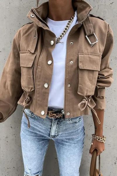 

women's jackets european and american autumn products casual style drawstring zipper buckle allmatch jacket short women 230213, Black;brown