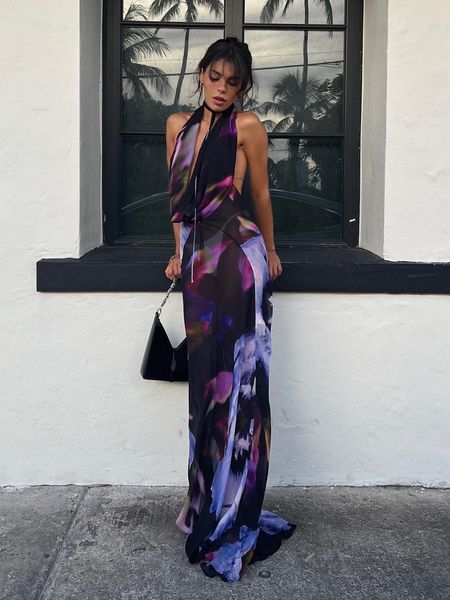 

casual dresses backless maxi dress women purple print halter bodycon dress summer beach outfits elegant sleeveless club party dress 230213, Black;gray