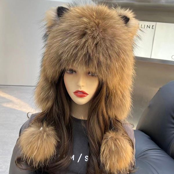 

real raccoon fur hat russian hat trapper hunter hat winter warm cat ear cap earflap, Blue;gray