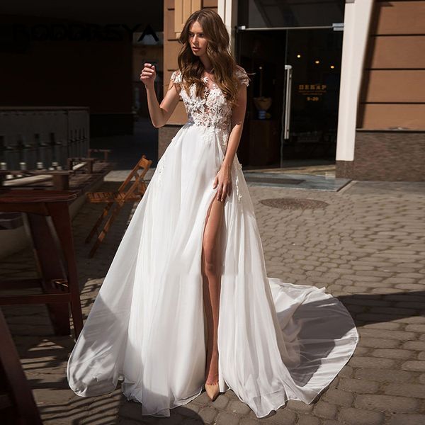 

party dresses high slit cap sleeves scoop neck wedding dress a line chiffon backless lace boho bride gown robe de marie princess 230213, White;black